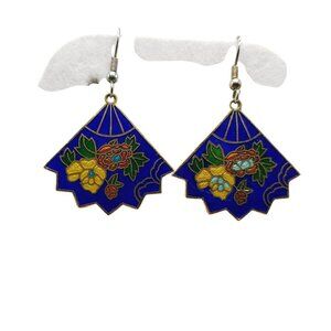Vintage Cloisonné Fan Shaped Dangle Earrings Floral Design Gold-Tone